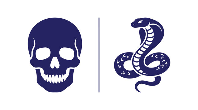 Skull and cobra snake minimalist graphic icons with silhouette minimalist creature venomous wildlife isolated mystical collection creative predator
