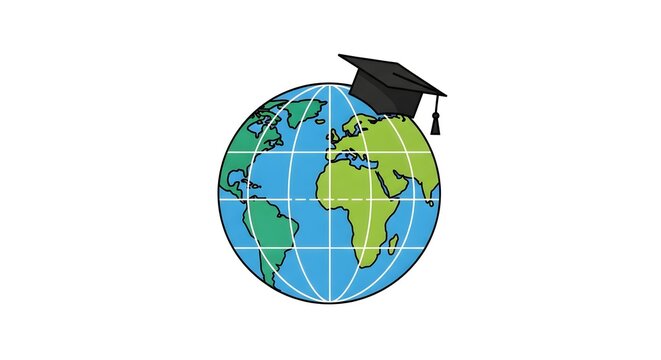 Global education and international academic success symbol featuring a world globe wearing a black graduation cap on a clean white background