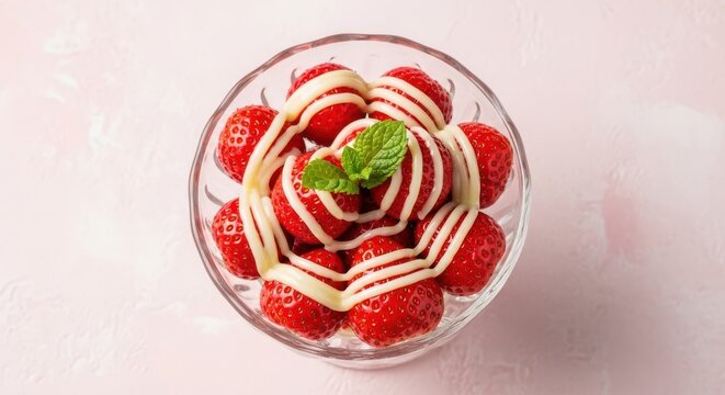 Fresh strawberries in a glass bowl drizzled with sweet condensed milk and garnished with mint