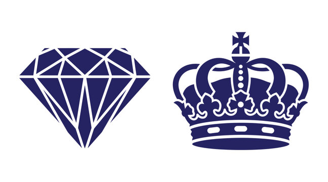 Graphic icons of a faceted diamond gem and an ornate royal crown with authority precious illustration monarchy brilliant expensive sovereignty prestige treasure ornament valuable