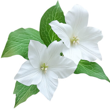 Delicate white trillium flowers with lush green leaves close-up view isolated on white background