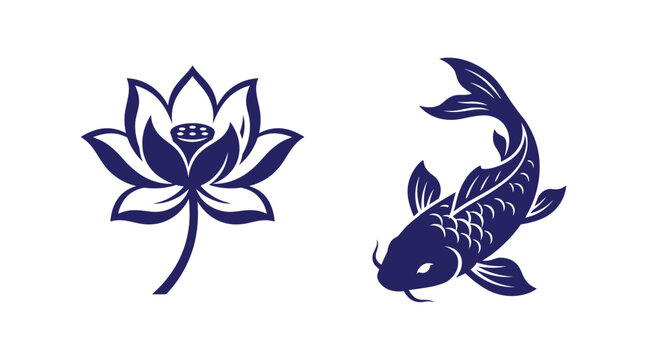 Stylized blue lotus flower and swimming koi carp icon with traditional illustration decorative monochrome botanical oriental isolated ornament abstract collection swimming wildlife