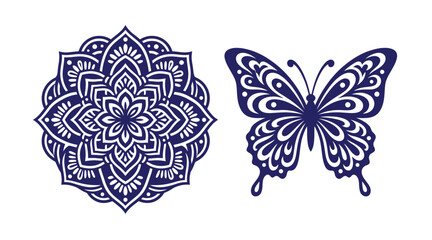 Intricate blue mandala and butterfly graphic silhouette design with butterfly ornament geometry symmetrical silhouette decorative intricate meditation spiritual ethereal botanical detailed