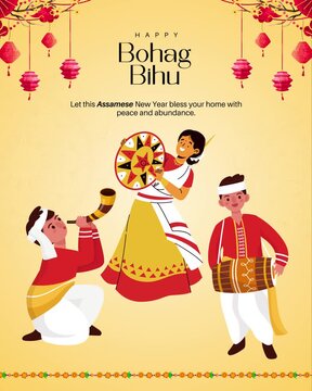 Red and Yellow Illustrated Bohag Bihu Greetings