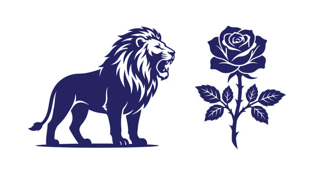 Majestic standing lion and blooming rose graphic illustration with silhouette wildlife predator majestic botanical illustration strength isolated creature