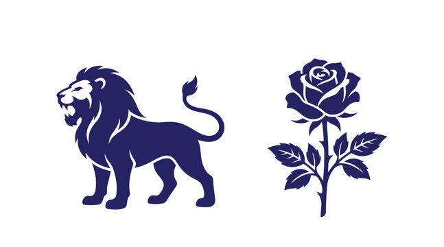 Stylized lion and rose floral graphic design in blue with big cat silhouette wildlife predator botanical illustration strength isolated creature decoration