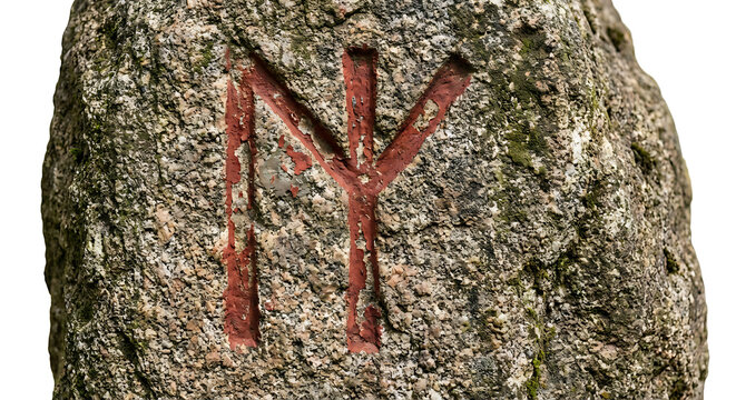 Red Viking Rune Carved in Mossy Stone Isolated on White