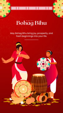 Red and Yellow Illustrated Bohag Bihu Greetings