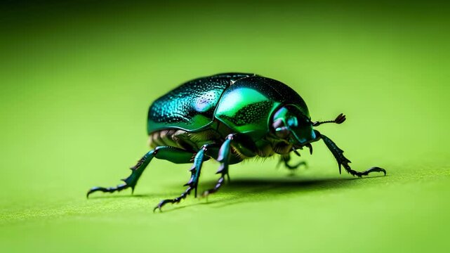 Vibrant metallic green beetle captured in a detailed macro shot, showcasing its iridescent shell against a bright green background.
