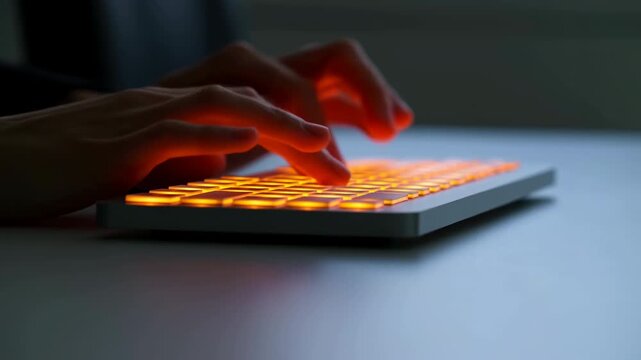 Close-up of hands typing on backlit keyboard with warm orange illumination