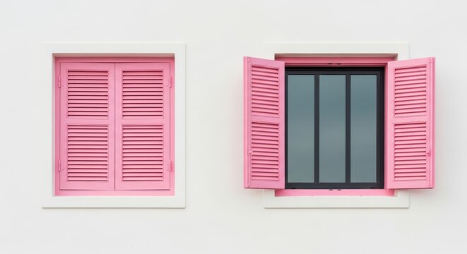 Two white windows with pink shutters on a white wall