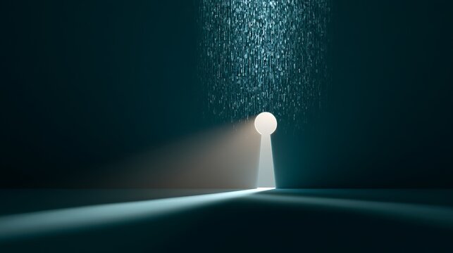 Single keyhole illuminated by encrypted data streams, secure access concept