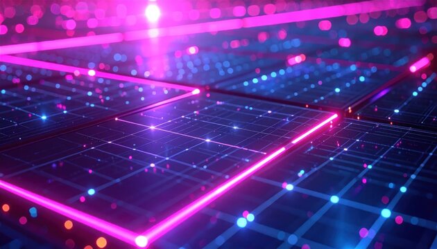 Abstract Neon Grid Network with Glowing Circuits and Data Flow.