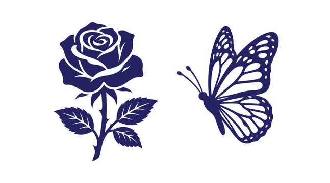 Graphic art featuring a single rose and a profile view butterfly silhouette nature inspired butterfly silhouette graphics botanical minimalist decorative isolated illustration entomology