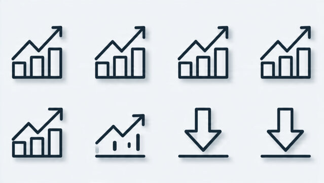 Set of dynamic growth and downward trend icons with upward and downward arrows and bar charts representing progress decline and stability visual elements