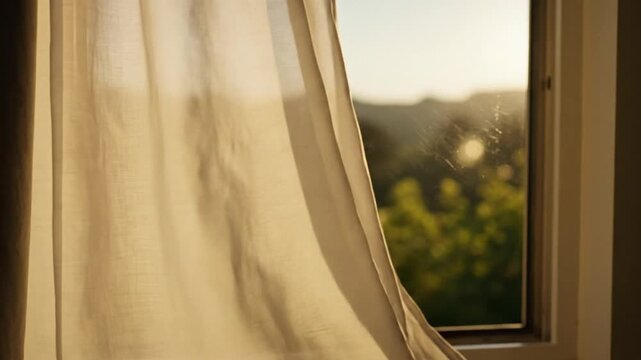 Close up of sheer curtain blowing in window breeze.