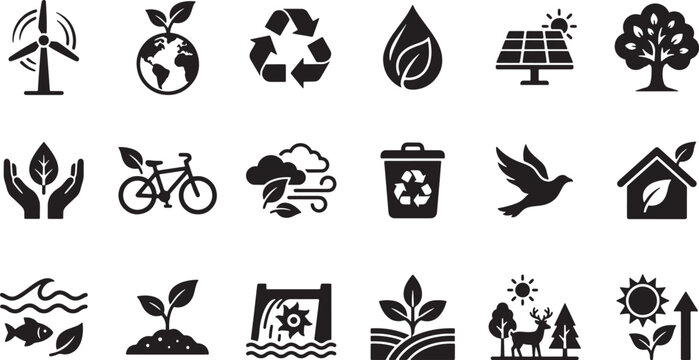 Set of black ecology and environment icons featuring renewable energy, recycling, nature conservation, and sustainable living vector graphic symbols
