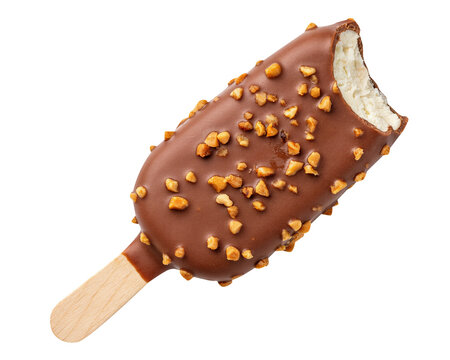 Delicious chocolate covered ice cream bar with crunchy nuts and a bite taken out isolated on transparent background transparent background