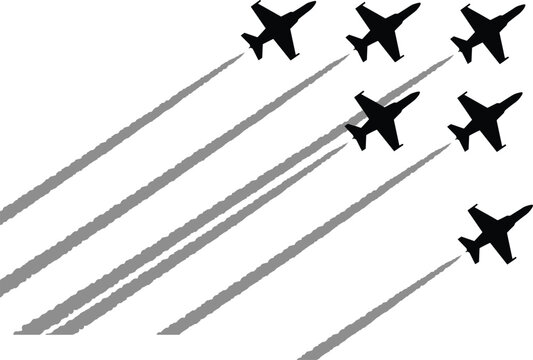 Vector silhouette of military fighter jets flying in formation with vapor trails for airshow or national day aviation design graphics.Vector silhouette of military fighter jets flying in formation wit