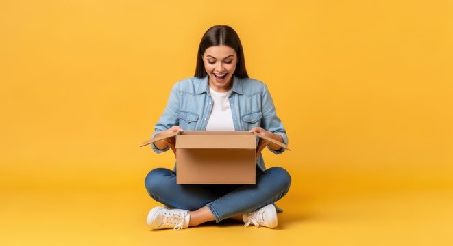 Excited young woman sitting on the floor and opening a cardboard box against a yellow background