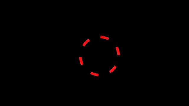 A red loading icon with dashed lines forming a circle on a black background
