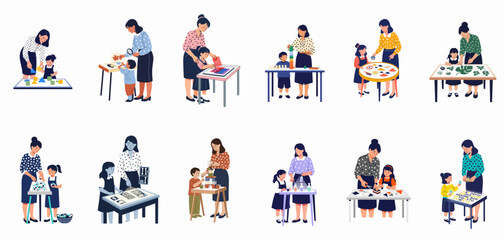 Fototapeta premium Vector illustration collection of teachers and young students engaging in diverse educational activities like science, art, and play in a classroom setting.