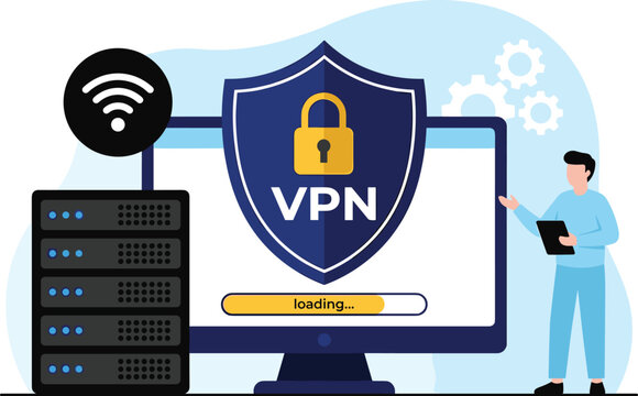 VPN security network concept vector illustration with computer shield padlock secure server connection and man