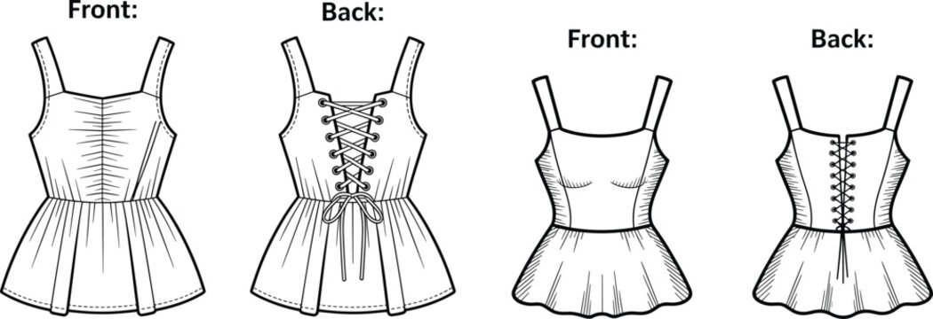 Womens camisole tops with corset style lace up back and peplum hem flat fashion technical sketch illustration