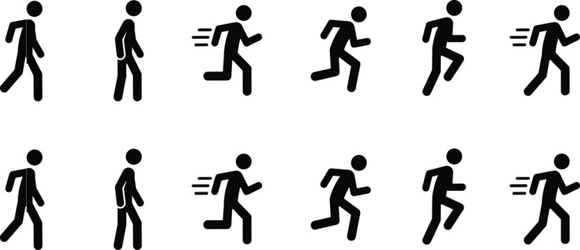 Walking and running man stick figure icon set with motion lines featuring solid black silhouette variations for pedestrian navigation UI.Walking and running man stick figure icon set with motion lines