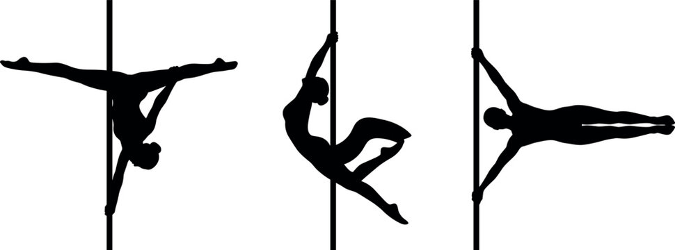 Pole Dance Silhouette Vector Icon Set Featuring Female Dancers Performing Athletic Acrobatics, Inversions, and Graceful Poses for Fitness Studio Logos and Posters