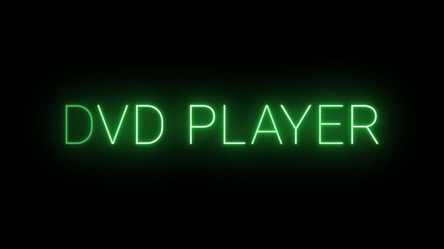Flickering neon green glowing dvd player sign animated black background.