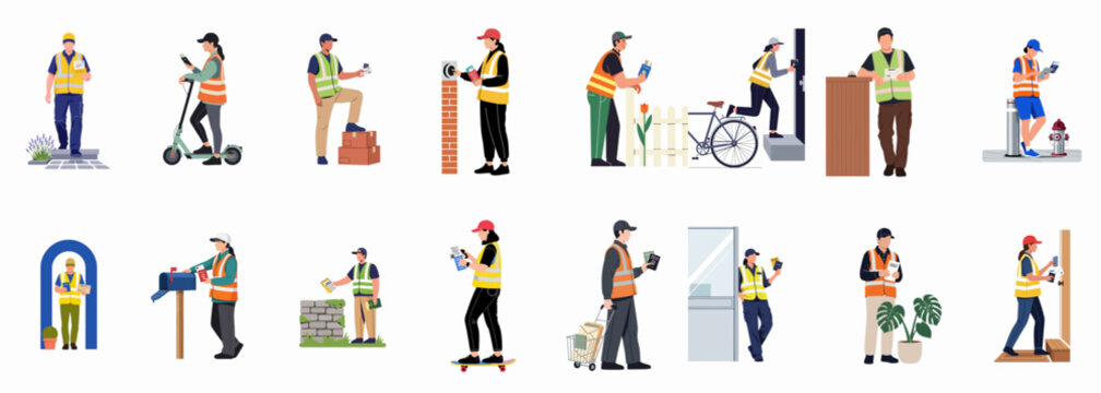 Diverse set of courier and mail delivery characters in high-visibility vests delivering packages and documents in various urban scenes, flat vector illustration.