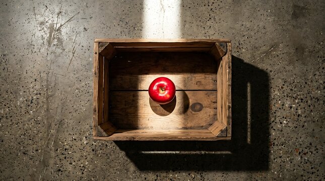 Single red apple in a wooden crate under a spotlight