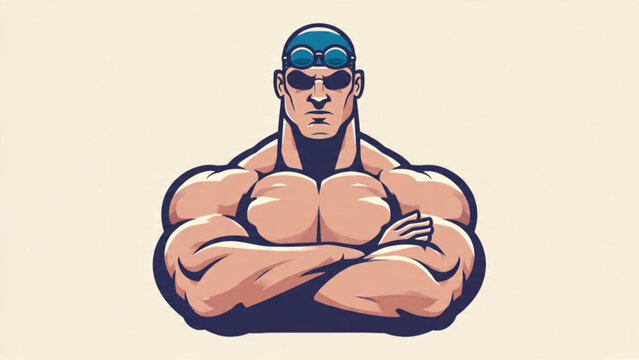 Strong muscular cartoon man with crossed arms wearing goggles and sunglasses in a confident pose