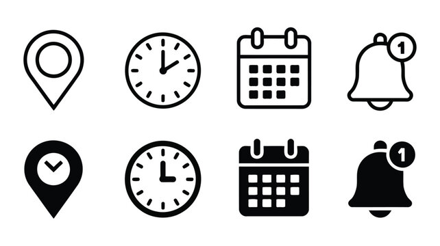 Address date time notification icon set, labeled ui symbols vector set for web and app design information interface elements.