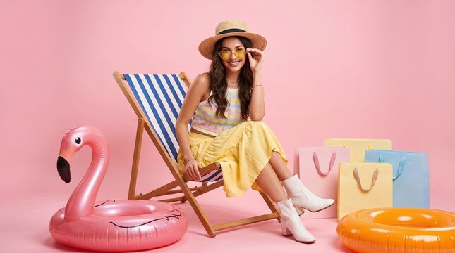 A stylish young woman in a straw hat and yellow dress sits on a striped beach chair, surrounded by summer accessories like a flamingo float and shopping bags.