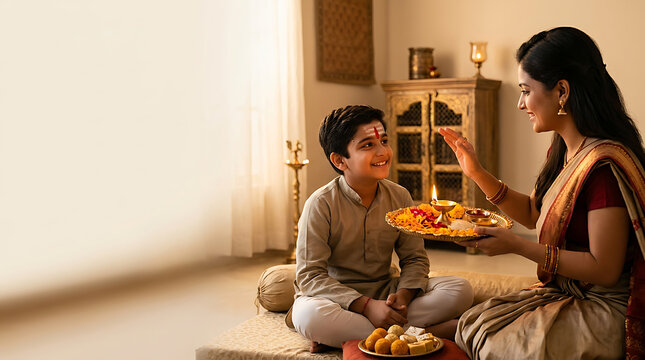 Mother blessing her son with a traditional aarti during a festival