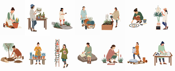 Obraz premium Flat vector illustrations of diverse women engaged in various gardening and xeriscaping activities such as planting, pruning, and designing sustainable outdoor landscapes.