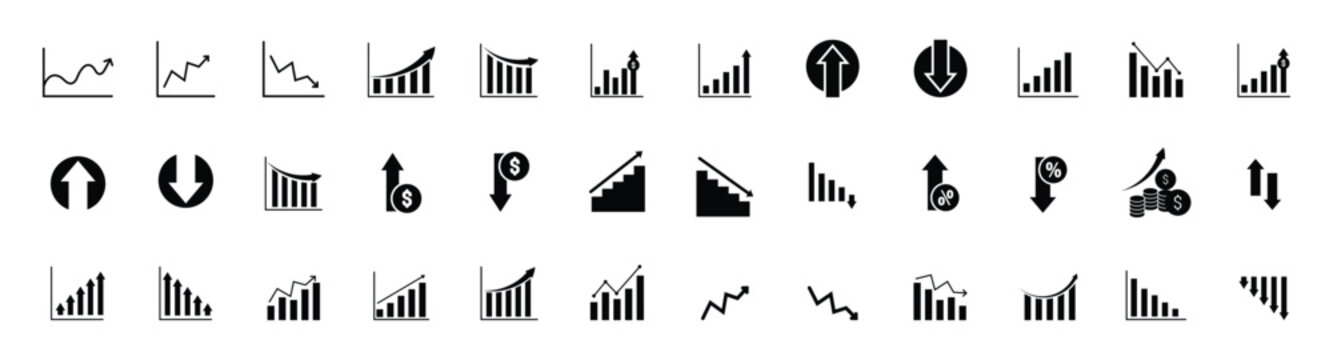 Increase and Decrease icon set. Business growth and fall graph symbol. Line growth and decrease icon set. growth up and down. Profit and loss icon. Vector illustration.
