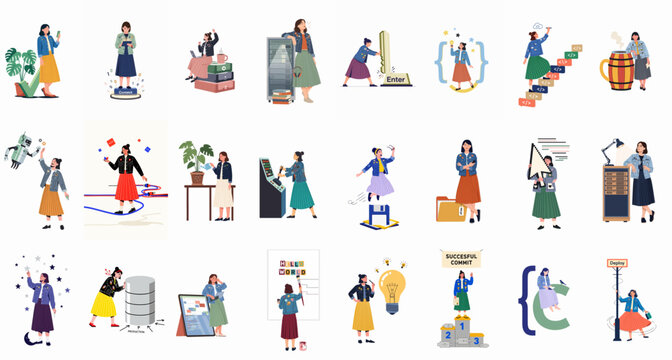 Comprehensive flat illustration set of a female software developer engaging in various programming, data management, and workplace activities for modern tech industry concepts.