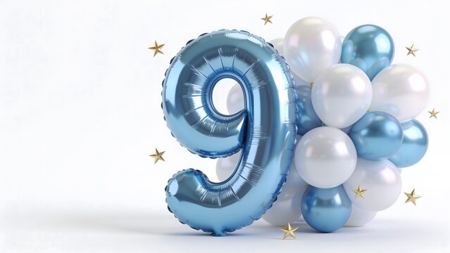 Light blue foil balloon spelling number 9 with white and silver balloons cloud on white background, metallic 9th anniversary celebration banner, boy event invitation card template