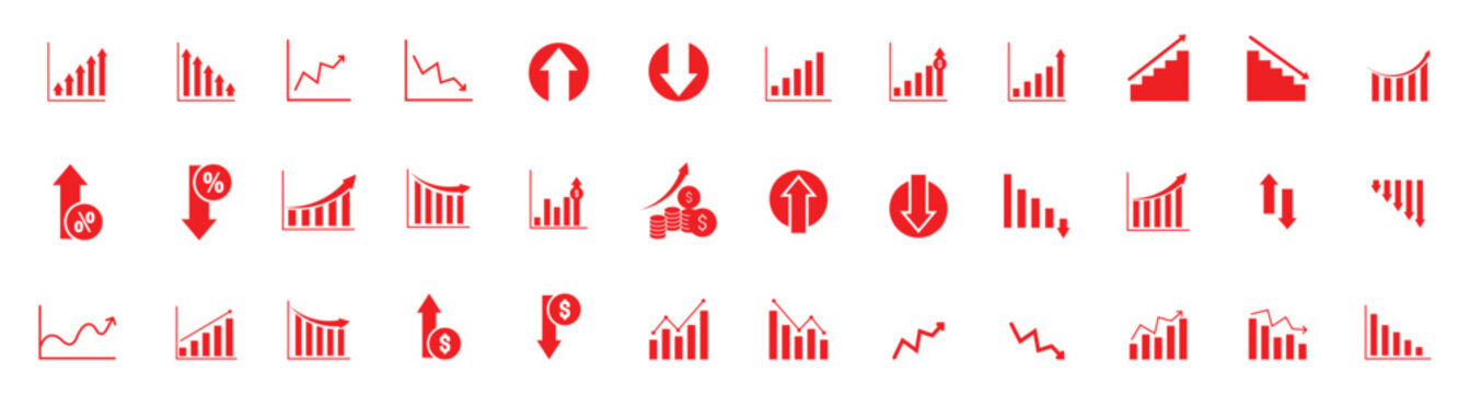 Line growth and decrease icon set. growth up and down. Profit and loss icon. Revenue Growth and decrease. Increase and decrease icon set showing business growth and decline graph symbols.