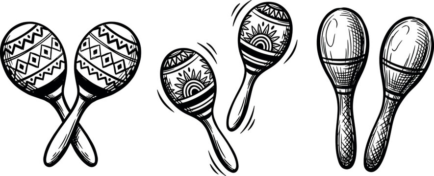 Vintage Hand Drawn Maracas Percussion Instrument Vector Set with Folk Patterns and Cross Hatching Shading for Fiesta Posters and Latin Music Graphic Designs