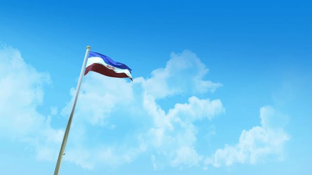 Mari El Flag 3D Render Animation on Pole with Blue Sky and Clouds - Low Angle View