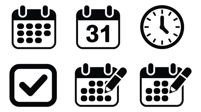 Calendar clock checkmark icons, six symbol vector illustration set for schedule time approval transparent background ui design elements.