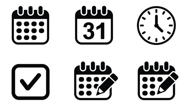 Calendar clock checkmark icons, six symbol vector illustration set for schedule time approval transparent background ui design elements.