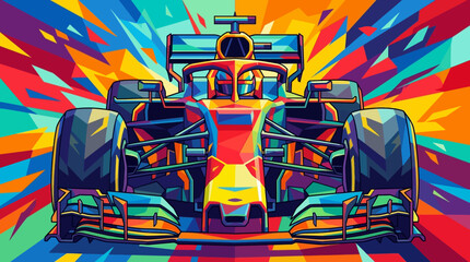 Geometric formula one racing car in abstract polygon art style suitable for sports events banners, racing team branding, and automotive designs. © se