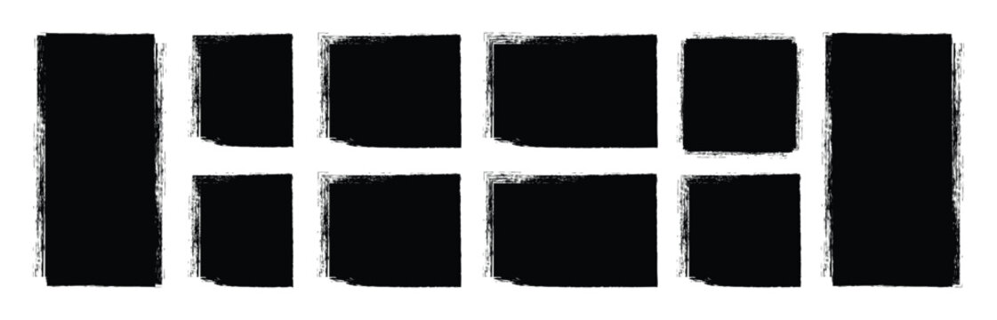 Rectangle Brush stroke, ink paint brush, grunge box. Set of rectangular grunge template backgrounds. Ink box frames, textured paint splatter borders,rough hand drawn vector elements for graphic design