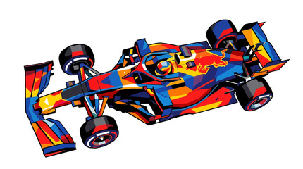 Multicolored red bull formula 1 race car graphic, vibrant abstract design. Suitable for sports event promotions, race car enthusiasts. © se
