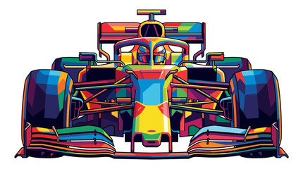 Multicolor geometric f1 racing car in vibrant pop art style. Perfect for motorsport events promotional materials or sportsthemed designs. © se